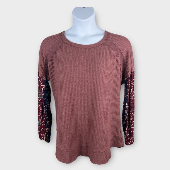 Know Rose Pink Raglan Waffle Knit Boho Top Mixed Print Floral Hippie XXL - Picture 1 of 9